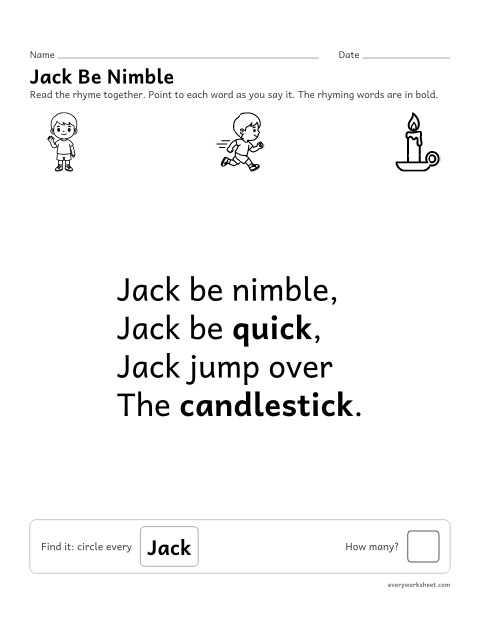 Preview of the printable “Jack be nimble nursery rhyme printable” worksheet: reading the nursery rhyme Jack Be Nimble together and finding a word in it