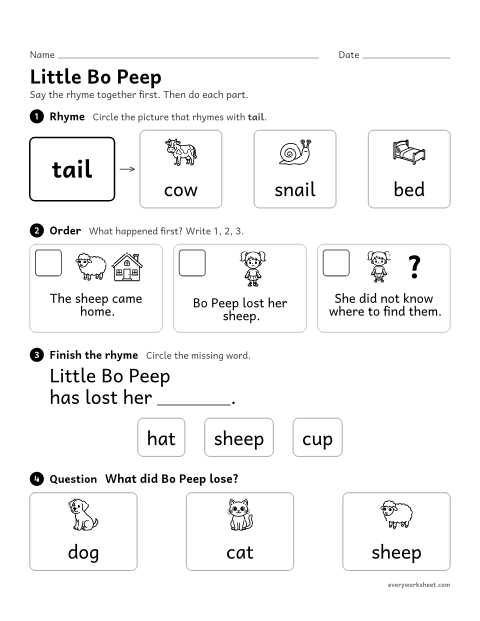 Preview of the printable “Little bo peep nursery rhyme activity” worksheet: hearing rhymes, putting events in order and answering a question about Little Bo Peep