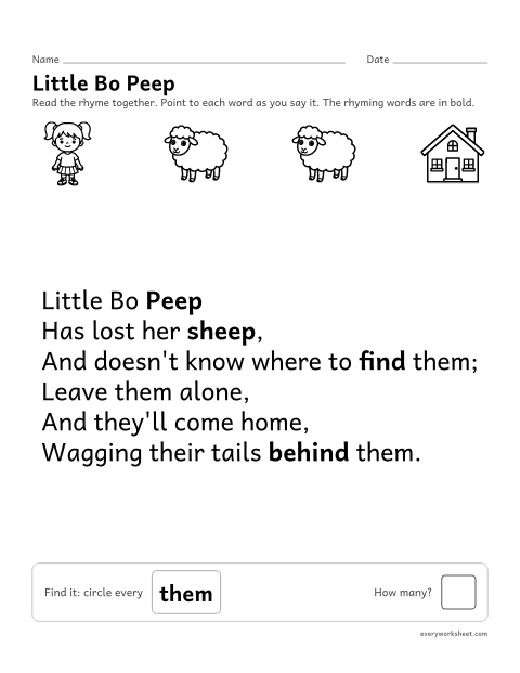 Preview of the printable “Little bo peep nursery rhyme printable” worksheet: reading the nursery rhyme Little Bo Peep together and finding a word in it