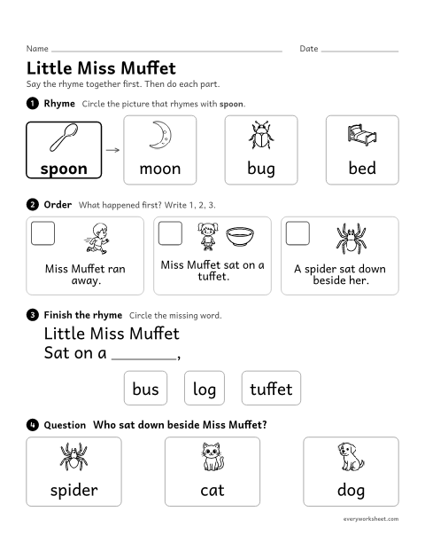 Preview of the printable “Little miss muffet nursery rhyme activity” worksheet: hearing rhymes, putting events in order and answering a question about Little Miss Muffet
