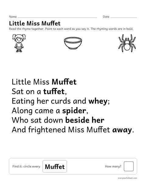 Preview of the printable “Little miss muffet nursery rhyme printable” worksheet: reading the nursery rhyme Little Miss Muffet together and finding a word in it
