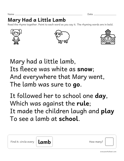Preview of the printable “Mary had a little lamb nursery rhyme printable” worksheet: reading the nursery rhyme Mary Had a Little Lamb together and finding a word in it