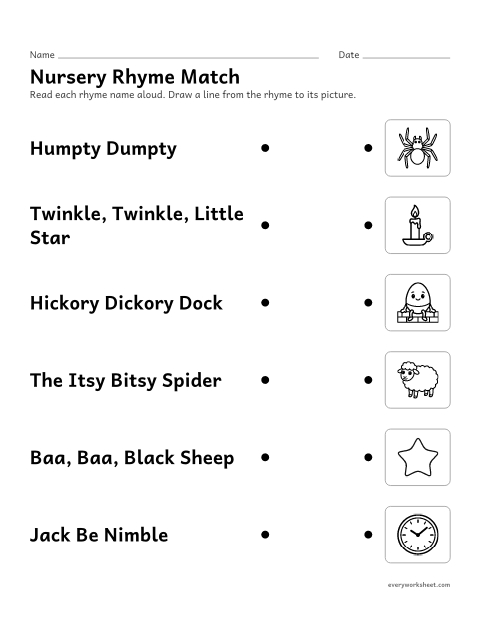 Preview of the printable “Nursery rhyme match” worksheet: matching nursery rhyme titles to pictures from the rhymes