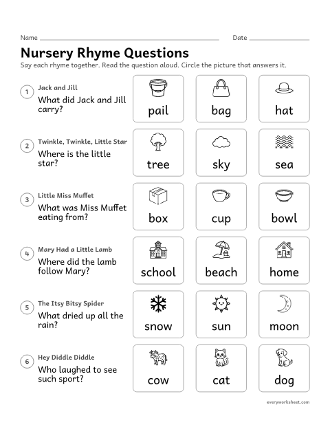 Preview of the printable “Nursery rhyme questions” worksheet: answering who, what and where questions about nursery rhymes