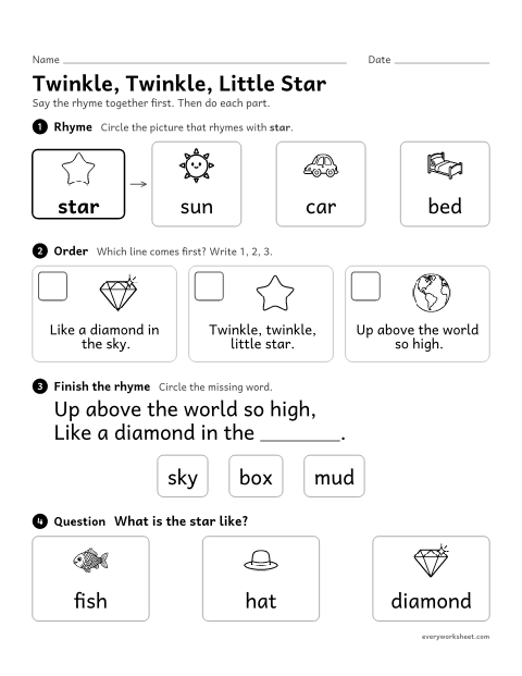 Preview of the printable “Twinkle, Twinkle, little star nursery rhyme activity” worksheet: hearing rhymes, putting events in order and answering a question about Twinkle, Twinkle, Little Star