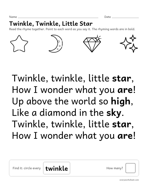 Preview of the printable “Twinkle, Twinkle, little star nursery rhyme printable” worksheet: reading the nursery rhyme Twinkle, Twinkle, Little Star together and finding a word in it