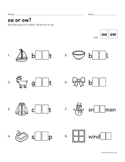 Preview of the printable “oa or ow? fill in” worksheet: writing oa or ow in long o picture words
