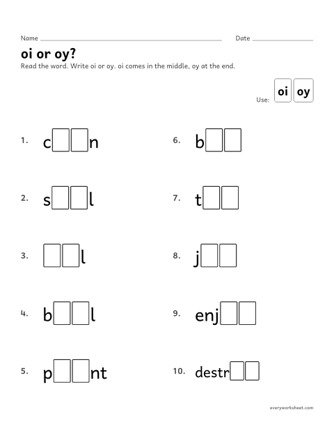 Preview of the printable “oi or oy? fill in” worksheet: writing oi or oy in words