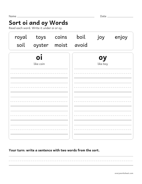 Preview of the printable “Sort oi and oy words” worksheet: sorting words spelled oi and oy