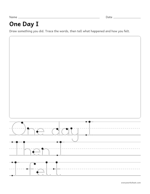 Preview of the printable “One day I writing prompt” worksheet: telling about something that happened, in order