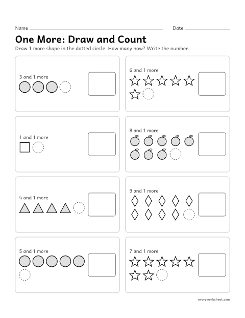 Preview of the printable “One More: draw and count” worksheet: seeing that one more makes the next number