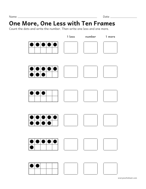 Preview of the printable “One More, one less with ten frames” worksheet: finding one more and one less within 10