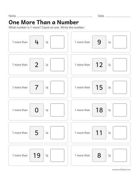 Preview of the printable “One more than a number” worksheet: finding one more than a number to 20