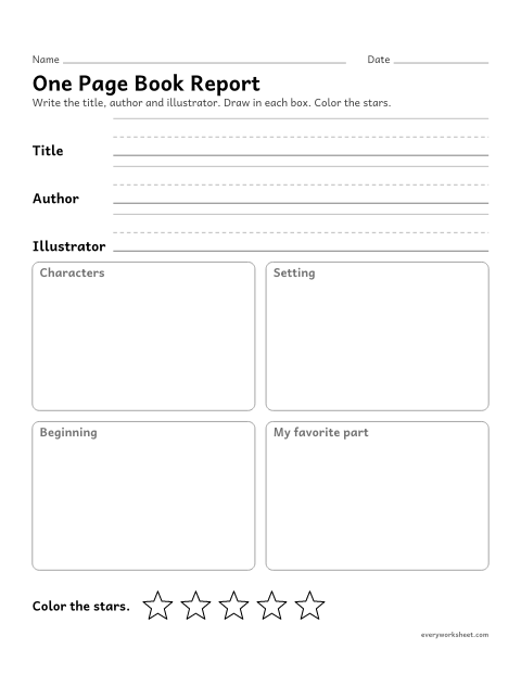 Preview of the printable “One page book report” worksheet: telling the title, author, illustrator, characters and setting