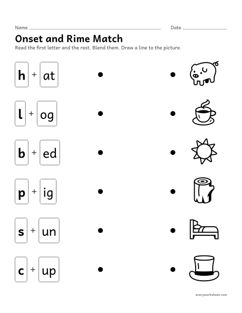 Preview of the printable “Onset and rime match” worksheet: reading an onset and rime and matching the picture