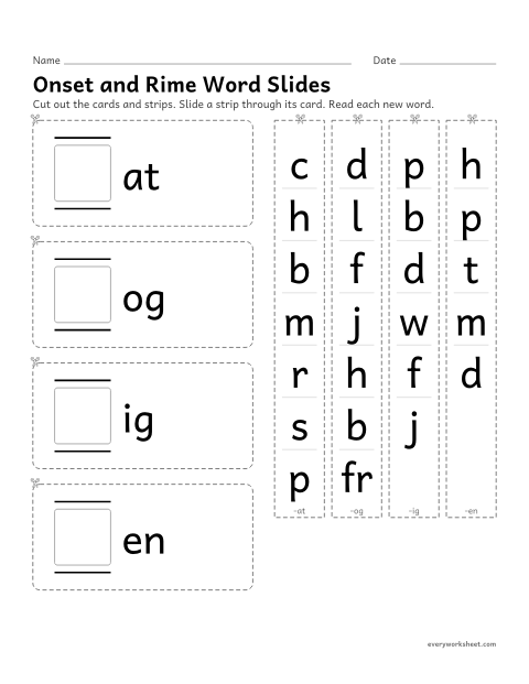 Preview of the printable “Onset and rime word slides” worksheet: changing the onset to make new words