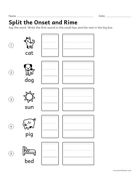 Preview of the printable “Split the onset and rime” worksheet: splitting a word into its onset and rime