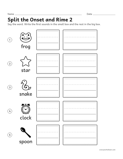 Preview of the printable “Split the onset and rime 2” worksheet: splitting words with a two-letter onset