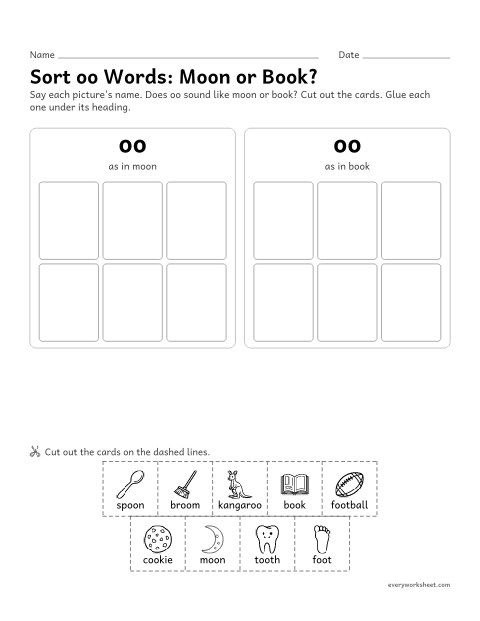Preview of the printable “Sort oo Words: moon or Book? cut and paste” worksheet: sorting oo pictures by the sound in moon or book
