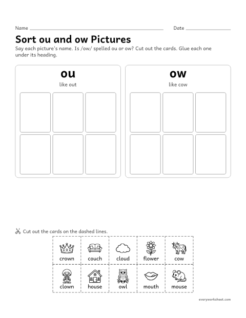 Preview of the printable “ou or ow? picture Sort: cut and paste” worksheet: sorting pictures by the spelling of /ow/: ou or ow