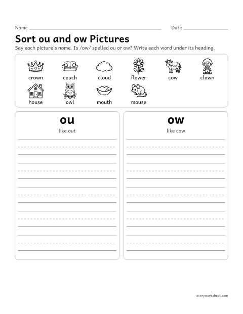 Preview of the printable “ou or ow? picture sort (No Cutting)” worksheet: sorting /ow/ picture words by spelling and writing them