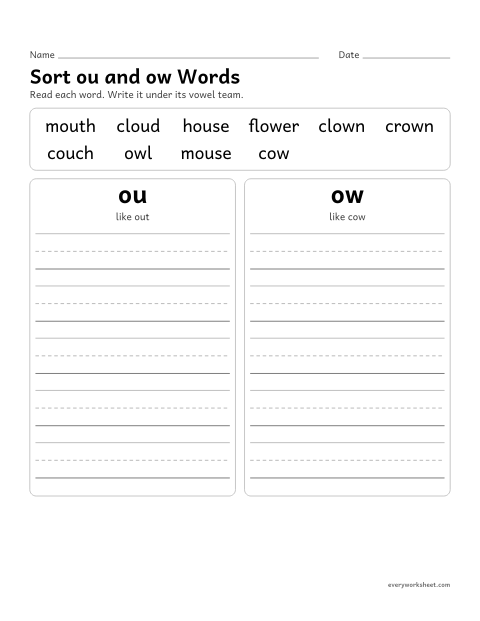 Preview of the printable “Sort ou and ow words” worksheet: sorting words spelled ou and ow