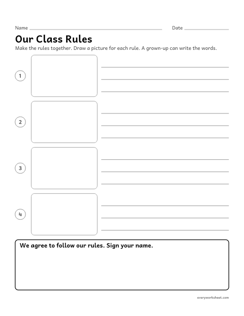 Preview of the printable “Our class rules template” worksheet: making class rules together and agreeing to follow them