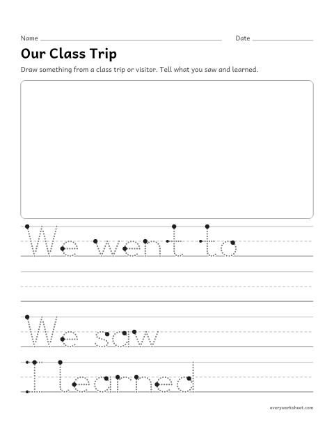 Preview of the printable “Our class trip writing prompt” worksheet: recalling information from an experience