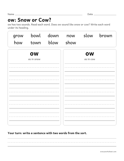 Preview of the printable “ow Sort: snow or Cow?” worksheet: sorting ow words by sound: long o as in snow or /ow/ as in cow