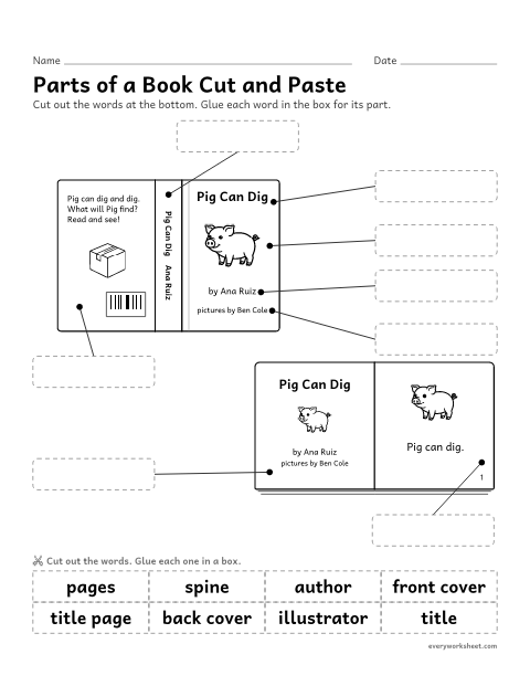 Preview of the printable “Parts of a book cut and paste” worksheet: labeling the parts of a book