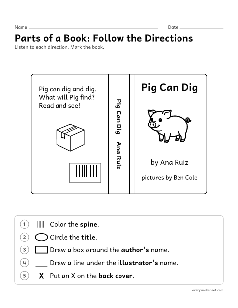 Preview of the printable “Parts of a Book: follow the directions” worksheet: finding the cover, spine, title, author and illustrator