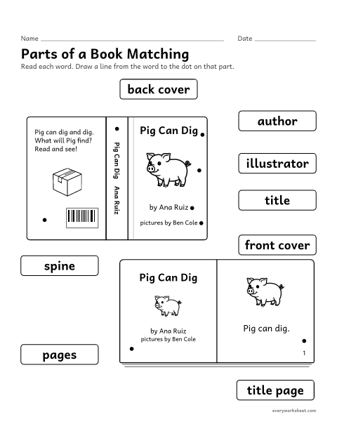 Preview of the printable “Parts of a book matching” worksheet: matching each part of a book to its name