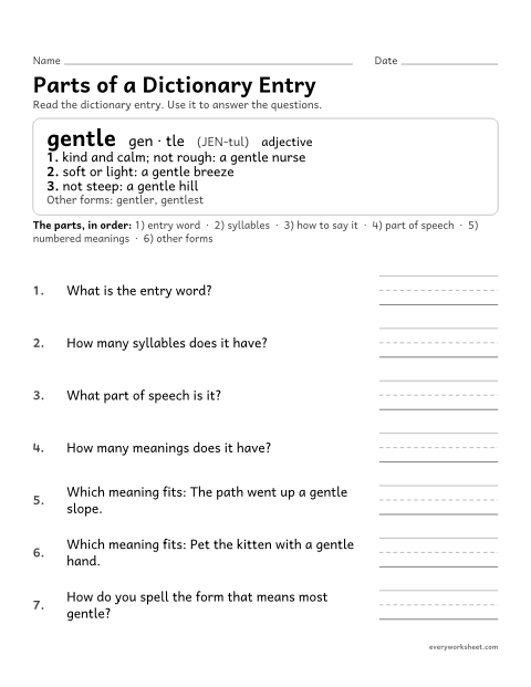 Preview of the printable “Parts of a dictionary entry” worksheet: reading the parts of a dictionary entry: syllables, part of speech, meanings and word forms