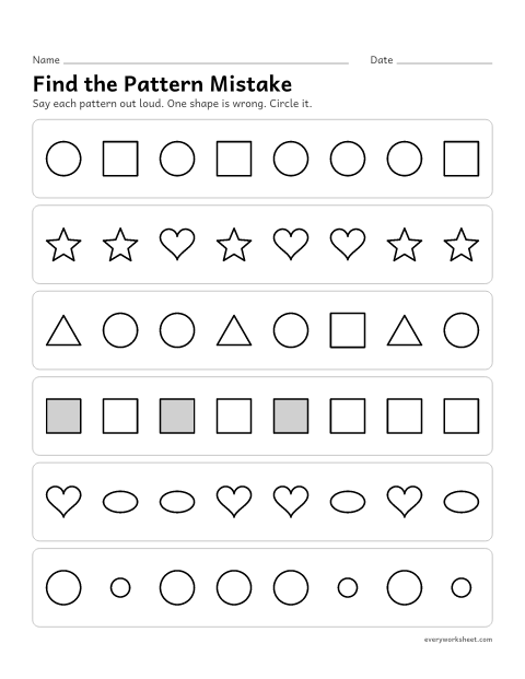 Preview of the printable “Find the pattern mistake” worksheet: finding the shape that breaks a pattern