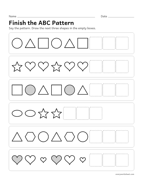 Preview of the printable “Finish the ABC pattern” worksheet: continuing ABC and ABB shape patterns