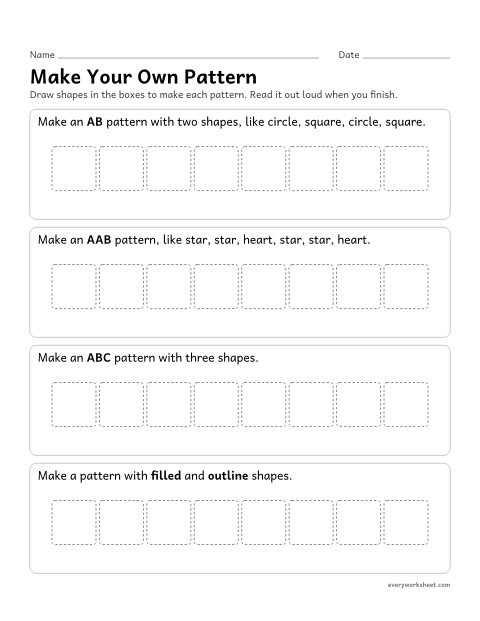 Preview of the printable “Make your own pattern” worksheet: making AB, AAB and ABC patterns