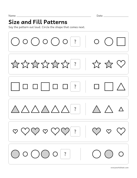 Preview of the printable “Size and fill patterns” worksheet: finding the next shape in patterns of size and fill