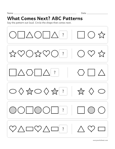 Preview of the printable “What comes Next? ABC patterns” worksheet: finding the next shape in ABC patterns