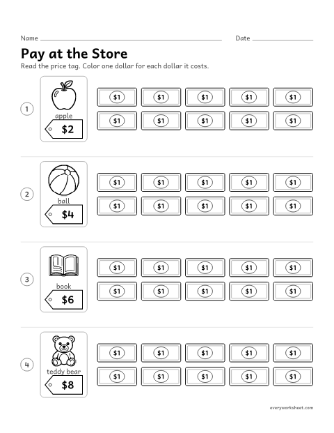 Preview of the printable “Pay at the Store: count the dollars” worksheet: reading a price tag and counting out that many dollars