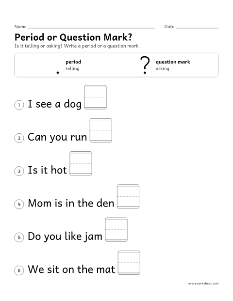 Preview of the printable “Period or question Mark?” worksheet: telling sentences and asking sentences