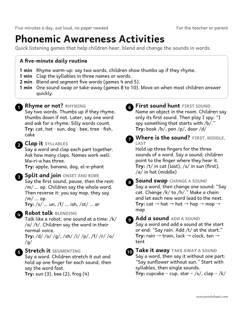 Preview of the printable “Phonemic awareness activities” worksheet: daily oral games for hearing and changing sounds