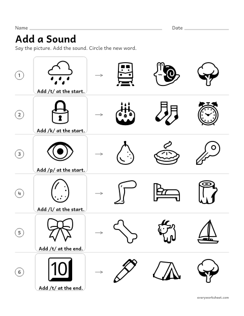 Preview of the printable “Add a sound” worksheet: adding a sound to make a new word