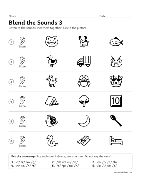 Preview of the printable “Blend the sounds 3” worksheet: blending four sounds into a word