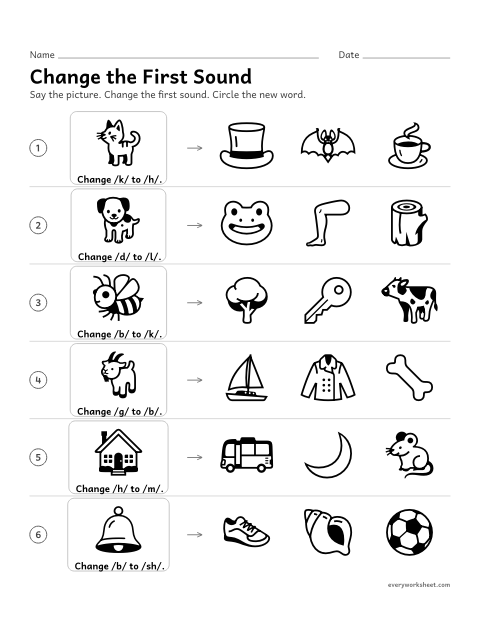 Preview of the printable “Change the first sound” worksheet: changing the first sound to make a new word