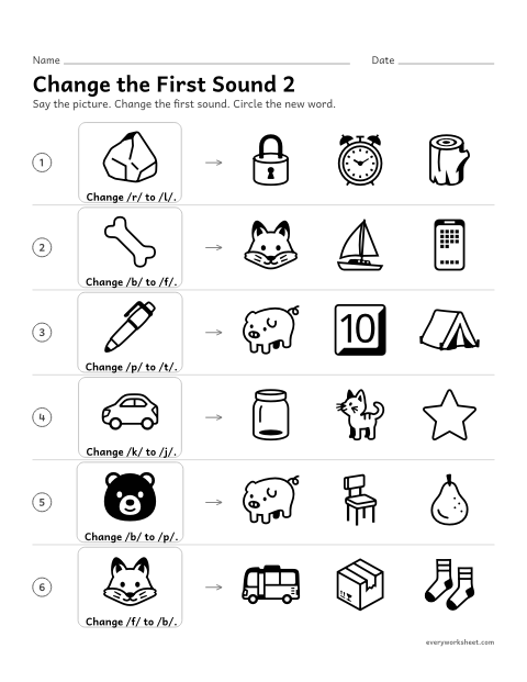 Preview of the printable “Change the first sound 2” worksheet: changing the first sound to make a new word