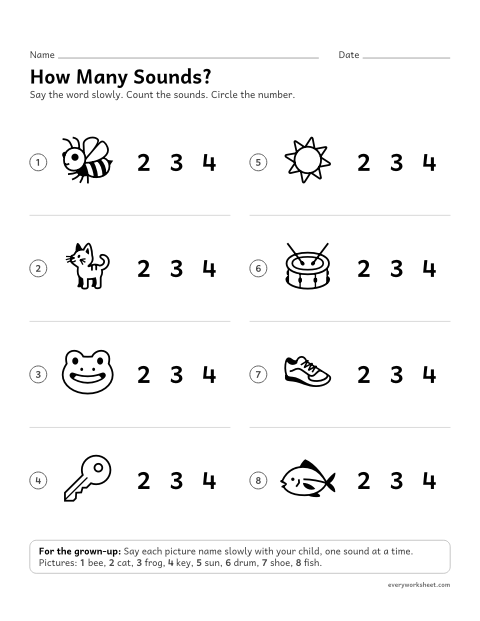 Preview of the printable “How many Sounds?” worksheet: counting the sounds in a word