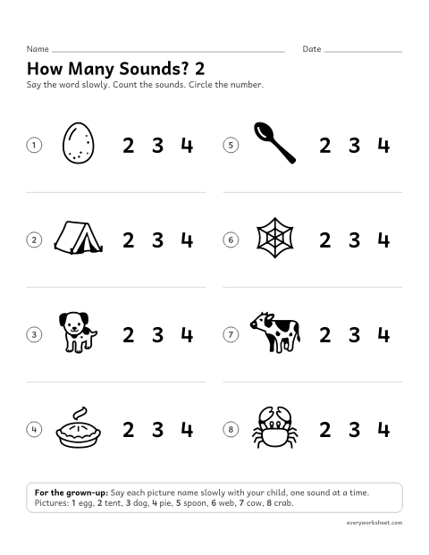 Preview of the printable “How many Sounds? 2” worksheet: counting the sounds in a word