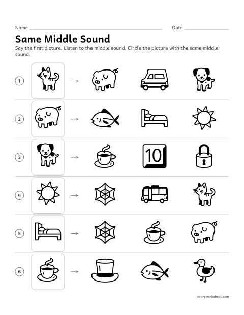 Preview of the printable “Same middle sound” worksheet: matching words by their middle vowel sound