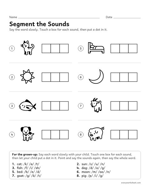 Preview of the printable “Segment the sounds” worksheet: saying each sound in a three-sound word