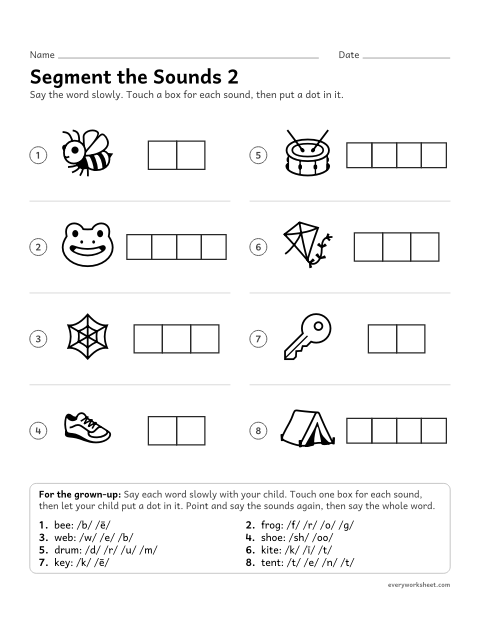 Preview of the printable “Segment the sounds 2” worksheet: saying each sound in words of two to four sounds